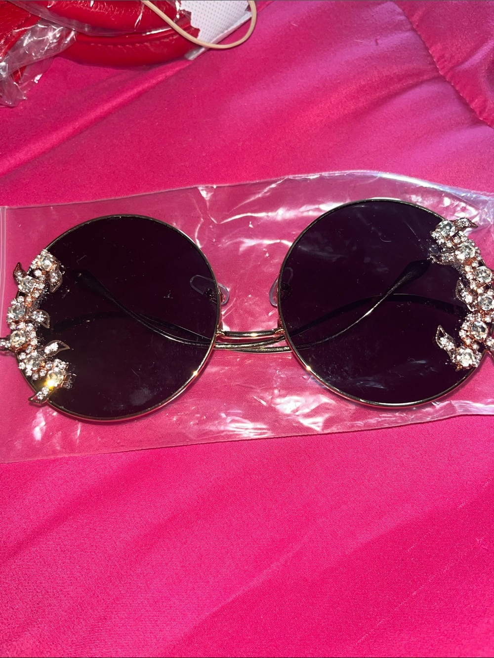 Round Black Gem-Embellished Sunglasses - Women Accessories